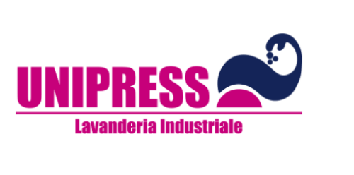 Logo von UNIPRESS mit dem Text „Laboratorio Industriale“ darunter. Das Design enthält ein stilisiertes blaues und rosa Symbol, das an einen muskulösen Arm erinnert.