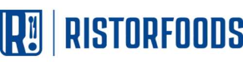 Blaues Logo mit einem stilisierten „R“ mit den Buchstaben „R.F.“ in einem Quadrat auf der linken Seite, gefolgt vom Text „RISTORFOODS“ in fetter Schrift auf der rechten Seite.